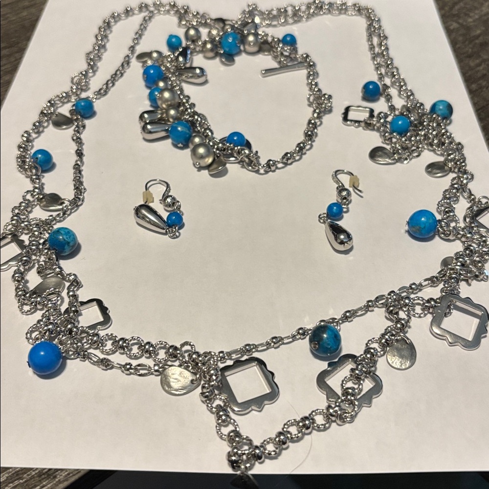 White House Black Market Silver and Blue Necklace, Earrings and Bracelet Set